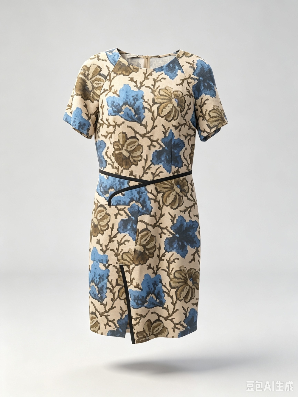 Dries Van Noten Floral Blue and Beige Short-Sleeve Sheath Top